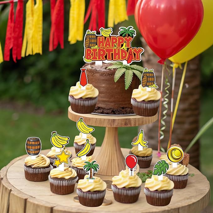 HOMEZZO Jungle Theme Cupcake Toppers Set, 25 PCS Tropical Banana Barrel Picks for Safari Baby Shower Kids Birthday Party Supplies