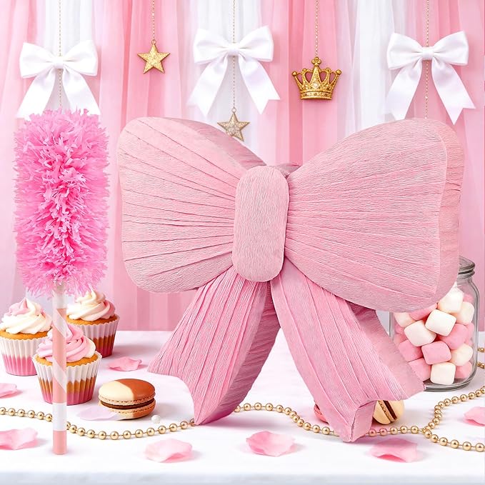 Pink Bow Piñata - Pink Pinata with Blindfold, Bat, Rope for Princess Party Supplies, Girls Kids Birthday Party Decorations