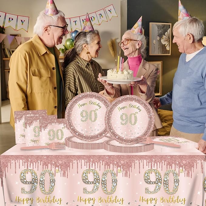 90th Birthday Decorations for Women,61Pcs Rose Gold 90th Birthday Decorations Tableware Include Happy 90th Birthday Plates and Napkins,Tablecloth,Forks,90th Birthday Party Supplies Serve 20