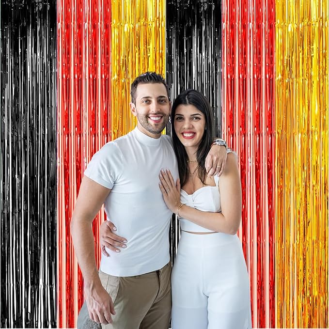 2 Pack Construction Foil Fringe Curtains, 3.3x6.6 Ft Black Gold and Red Tinsel Backdrop Party Decorations Door Streamers for Birthday Thanksgiving Day Engagement Decor,Photo Booth Props