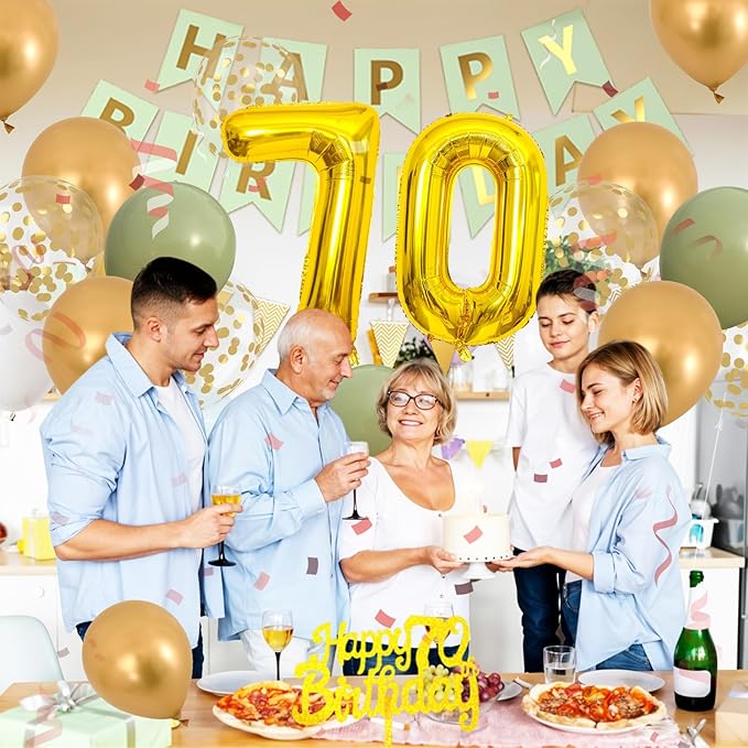 70th Birthday Decorations for Men Women, gold green Happy Birthday Party Decorations With Number 70 Balloons sage green Gold Confetti balloons Fringe Curtain Cake Topper For 70th Party Supplie