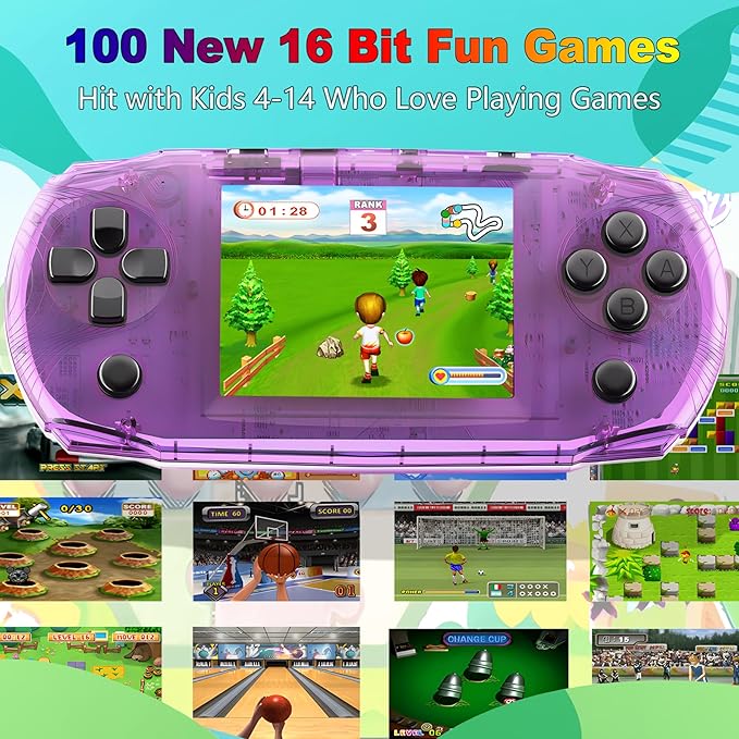 16 Bit 3.2" IPS Large Screen Handheld Game Console for Kids Preloaded 100 Retro Video Games, Portable Gaming System Rechargeable Battery, Mini Travel Electronic Toy Gifts for Boys Girls (Purple)