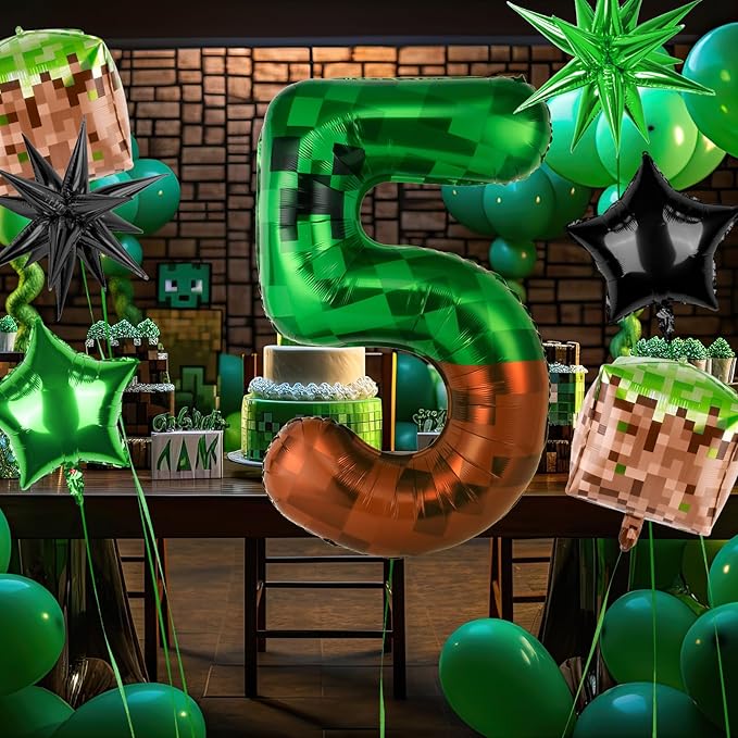 40 Inch Green Pixel Miner Number 5 Balloon Set, 7Pcs MIning large Foil Balloon Video Game Themed Party Party Decorations for Kids' Anniversary Balloon Party Supplies Supplies