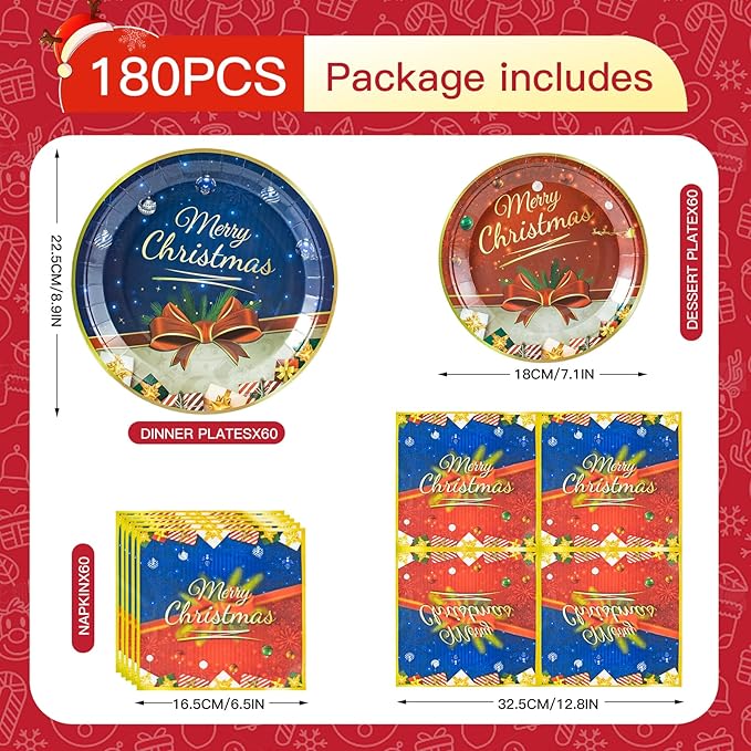 180PCS Christmas Paper Plates and Napkins, Disposable Dinner Plates and Napkins Set for 60 Guests, Party Table Decorations