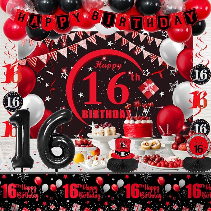 16th Birthday Decorations for Boys Girls Red Black, Sweet 16 Party Decorations with Happy 16th Birthday Banner Backdrop 16 Balloon Numbers Honeycomb Centerpieces Tablecloth 16 Years Old Party Supplies
