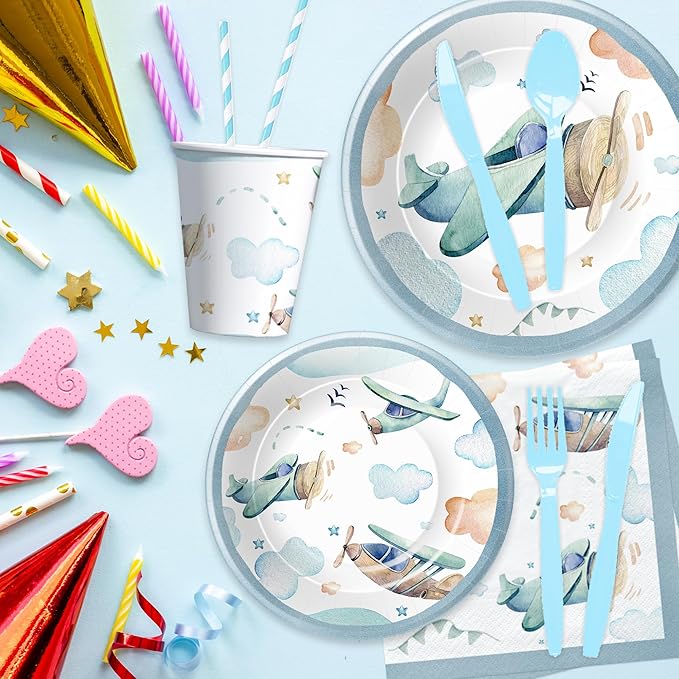 Airplane Birthday Party Supplies - Airplane Decorations Tableware, Paper Plate, Cup, Napkin, Fork, Baby Shower Dinnerware | Serve 24
