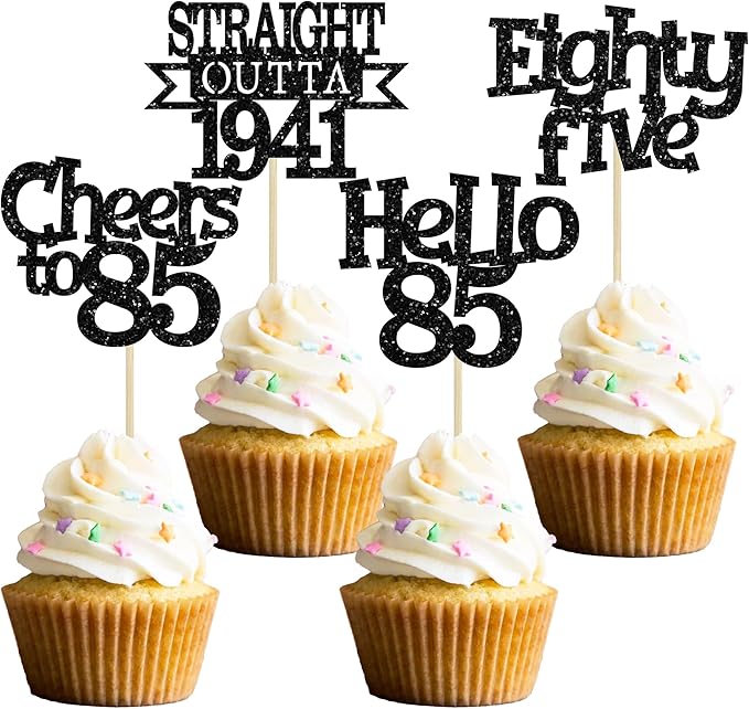 Ephlyn 24Pcs 85th Birthday Cupcake Toppers Glitter Straight Outta 1941 Cupcake Picks Hello 85 Cheers to 85 Years Cake Decorations for 85th Birthday Anniversary Party Decorations Supplies Black