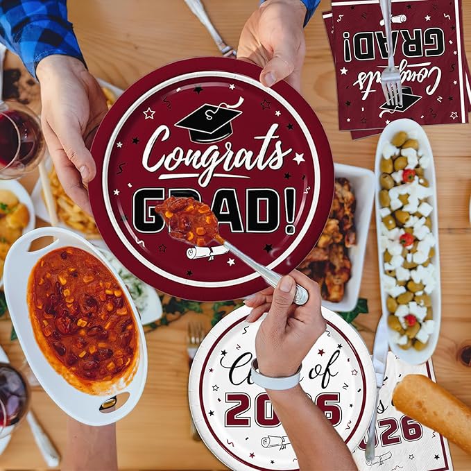 Graduation Maroon Party Supplies Kit Dinner Plates Dessert Plates and Napkins for Congrats Grad Party Decorations, Serves 50