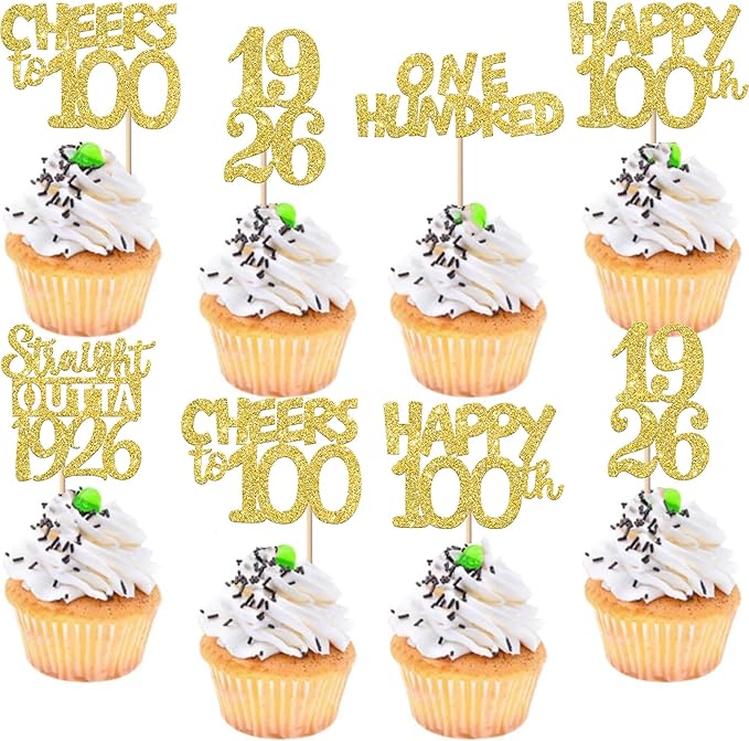 30PCS Happy 100th Birthday Cupcake Toppers Gold Glitter One Hundred Years Straight Outta 1926 Cupcake Picks 100 Fabulous Cake Decorations for 100th Birthday Anniversary Party Decoration Supplies
