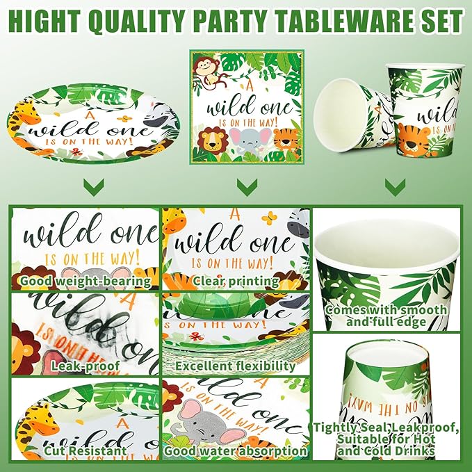 200 Pcs Jungle Safari Baby Shower Paper Plates Napkins Cups Baby Shower Party Supplies Tableware Set Jungle Animal Disposable Cup Napkin for 50 Guest Girls Spring Party Decoration