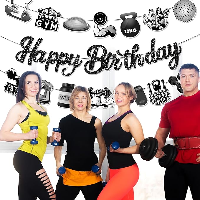 CC HOME 3Pcs Gym Happy Birthday Banner Barbell Boxing gloves Party Hanging Banner Fitness Theme Birthday Bridal Wedding Baby Shower Boys Girls Kids Home Classroom Party Supplies Decorations