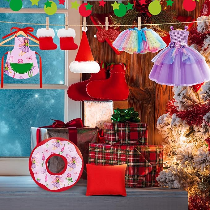 Kacctyen 18 Pcs Fairy Clothes Christmas Accessories Include Christmas Doll Dress Skirt Sleeping Bag Bathrobe Apron Chef Hat Scarf Glasses Pillow Mask Shoes Hammock Fairy Stick for Doll