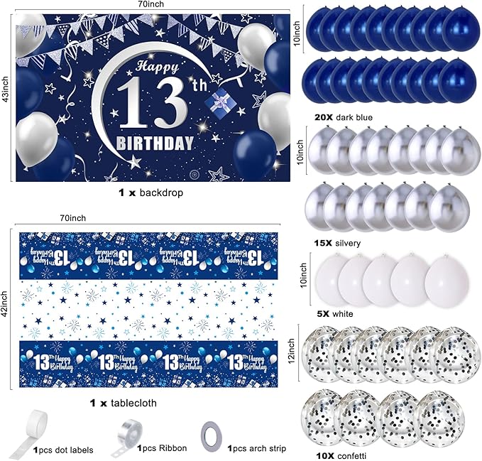 Navy Blue 13th Birthday Decorations for Boys and Girls, Happy 13th Birthday Backdrop, Tablecloth, Balloons Garland Arch Kit - 13th Birthday Banner Party Supplies Bday Decor for Sweet 13 Year Old Teen