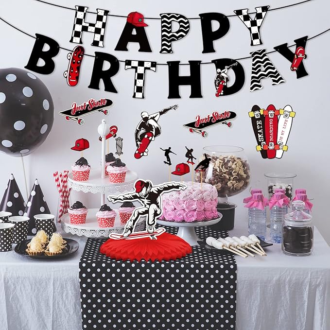 Outus 34 Pcs Skateboard Birthday Party Decorations Skater Party Supplies Skateboard Birthday Decorations Kit Banner Table Centerpieces Cupcake Topper Extreme Skateboarding Cool Decor for Skater Gifts