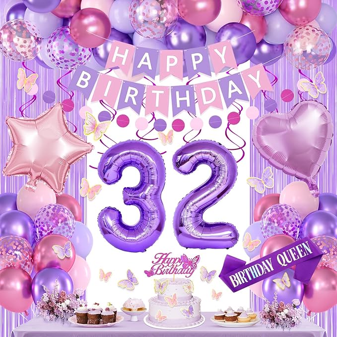 32nd Purple Birthday Decorations for Women, Pink and Purple Happy 32 Birthday Party Decorations with Happy Birthday Banner, Number Foil Balloons, Butterfly Cake Topper for 32nd Party Supplies