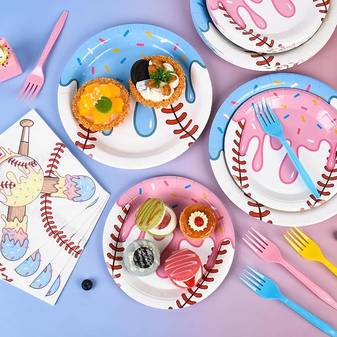 96 Pcs Baseball Ice Cream Drip Party Supplies Disposable Tableware Set Include Baseball Paper Plates and Napkins Plastic Forks for Sports Theme Birthday Decorations, Serve 24 Guests