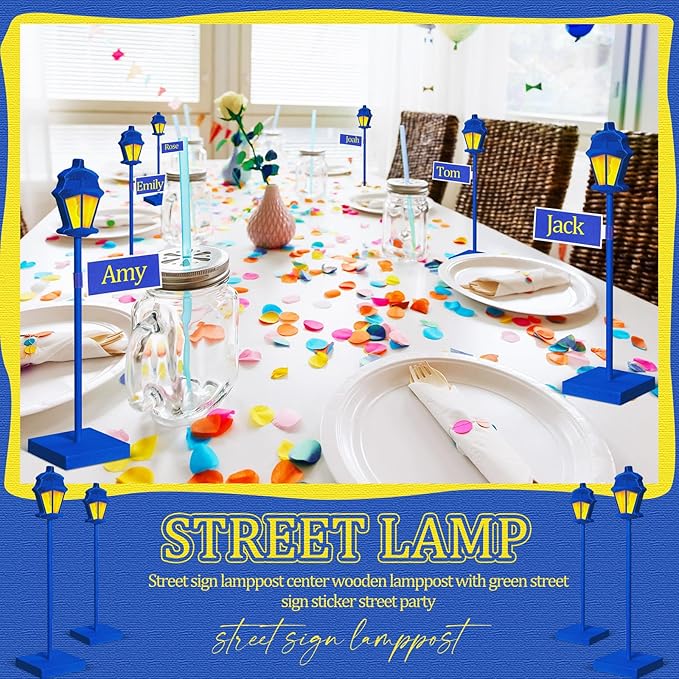 6 Pcs Street Sign Lamp Post Centerpiece Wooden Lamp Post with Street Party Sign Sticker for Toy Decor Friend Birthday Party Supplies Decoration(Blue)