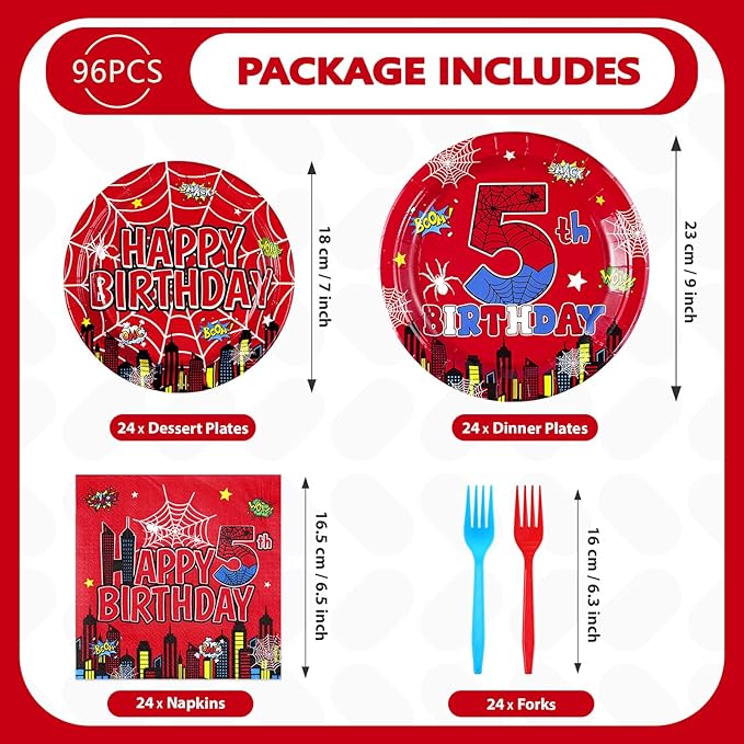 Grencian 96Pcs Cartoon Spider Birthday Party Decorations Red Blue Spider 5th Birthday Party Plates Disposable Super Theme Paper Tableware Set for Spider Kids 5 Year Old Supplies, Serves 24