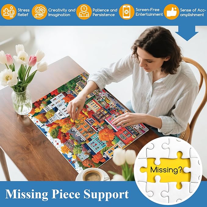 500 Piece Puzzle for Adults | Town in Autumn Street Puzzle | Recycled Cardboard Fall City Landscape Jigsaw Puzzle 500 Pieces | Challenging Game Home Decor Birthday Party Gift for Adults Seniors
