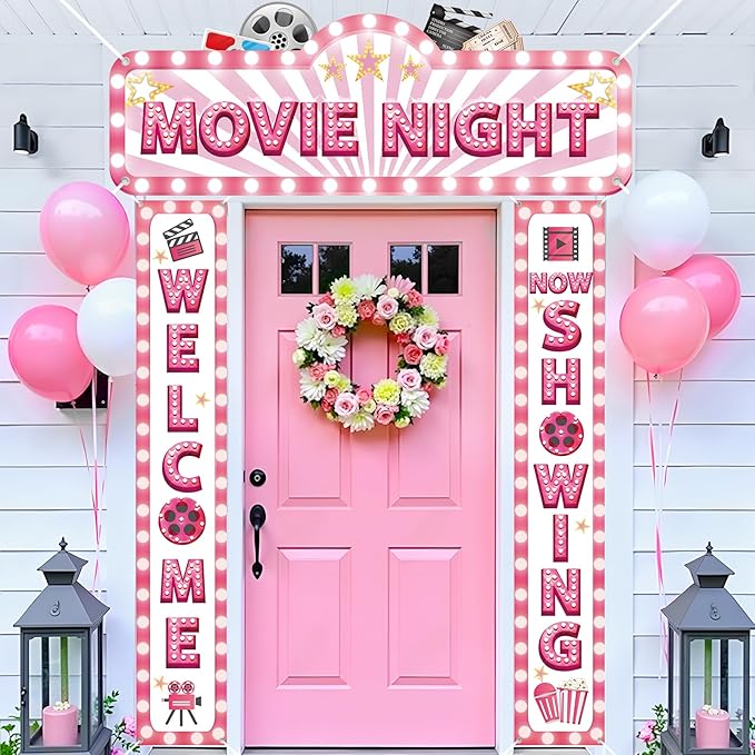 3Pcs Pink Movie Night Porch Banner Decoration Movie Theme Party Decorations Movie Theater Welcome Now Showing Door Banner Porch Sign Door Decor for Girls Film Theater Birthday Party Supplies