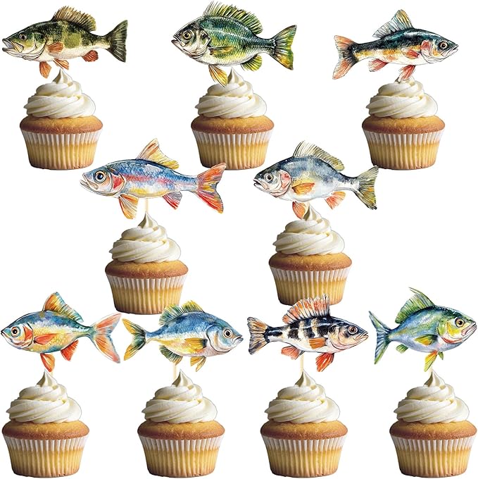 Fishing Birthday Party Decorations - 36PCS Fishing Cupcake Toppers Decorations Fish Themed Cupcake Picks Decor for Baby Showers Supplies
