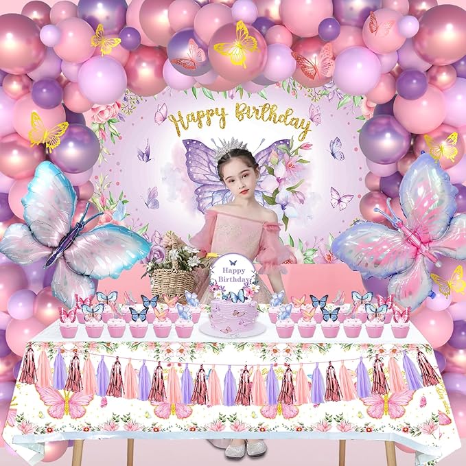 138PCS Butterfly Birthday Decorations for Girls, Butterfly Party Supplies Include Balloon Arch Butterfly Backdrop Foil Balloon 3D Butterfly Wall Decors Tablecloth Cake Topper Tassle