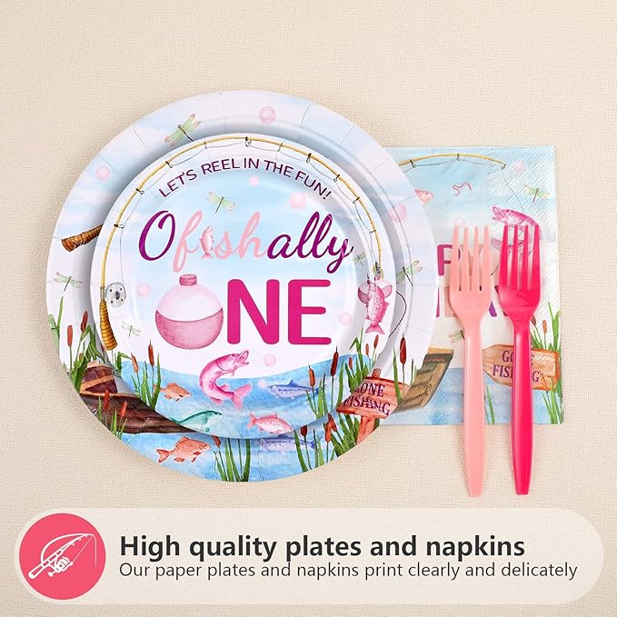 96 Pcs Ofishally One Birthday Decorations Gone Fishing 1st Party Plates and Napkins Set O Fishally First Birthday Decoration for Girls Baby Shower Little Fisherman One Years Old Supplies Serve 24