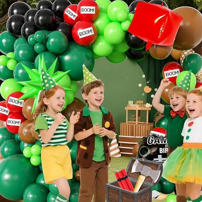 Green Balloon Arch Kit,Brow Green and Black Balloons Garland Kit For boy,Video Game Foil Balloon for Birthday Decorations,Party Supplies for boys