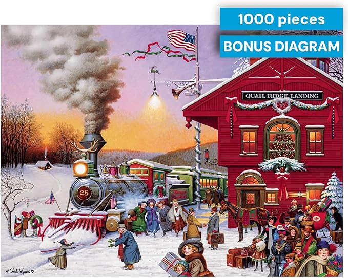 Buffalo Games – Whistle Stop Christmas Jigsaw Puzzle, 1000 Piece Puzzle for Adults, Festive Winter Train Art by Charles Wysocki