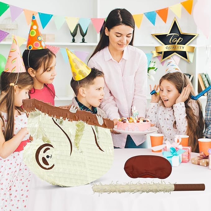 Sloth Pinatas Bundle with a Blindfold and Bat (16x12.5x4 Inches), Perfect for Birthday Parties, Farm Animal Theme Parties, Decorations
