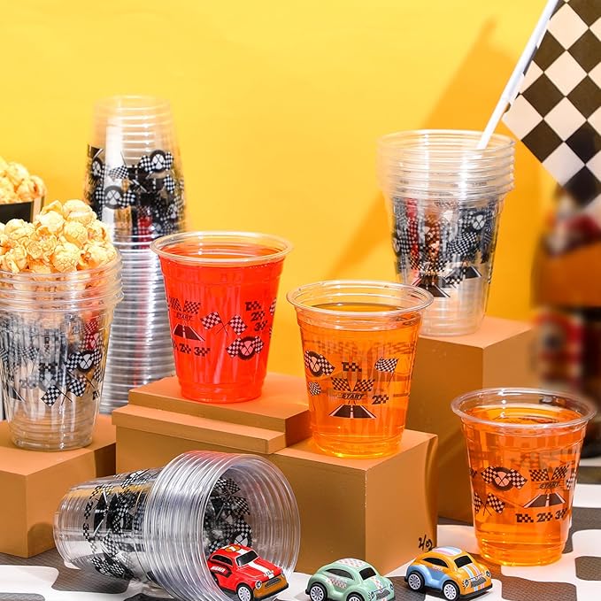 Uiifan 50 Pcs Race Car Cups Checkered Flag Party Supplies Bulk 12 oz Black White Disposable Plastic Clear Race Cups Racing Birthday Party Decorations for Fast One Two Checkered Birthday Favor