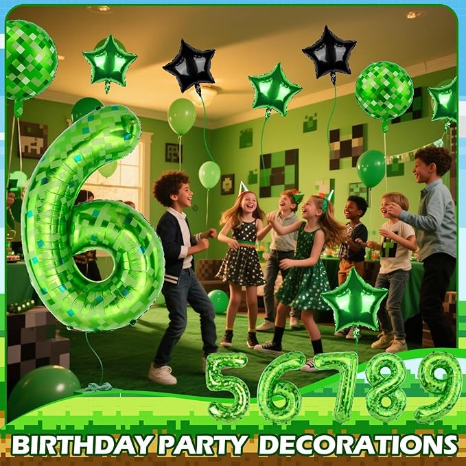 40 Inch Green Pixel Themed Number 6 Balloon Set Foil Balloon for Girls & Boys Birthday Party Decorations, Party Supplies & Favors (Number 6)
