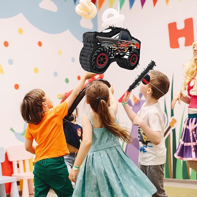 Hooqict Monster Truck Pinata Car Birthday Pinata with Blindfold and Bat Stick for Kids Boys Monster Truck Party Supplies Racing Car Construction Themed Party Decorations