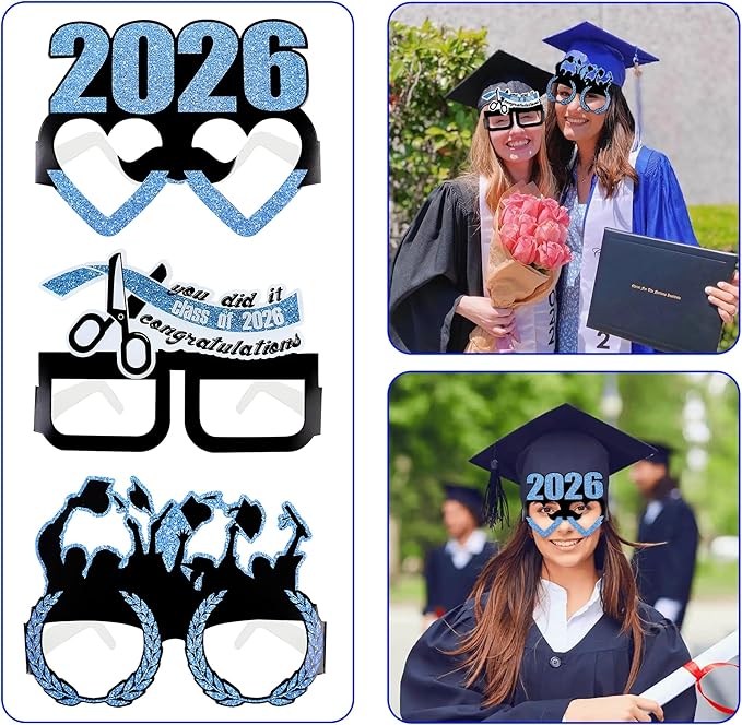 12 Pcs 2026 Graduation Party Glasses Class of 2026 Grad Party Eyeglasses Photo Props for Graduation Party Decorations（Blue）