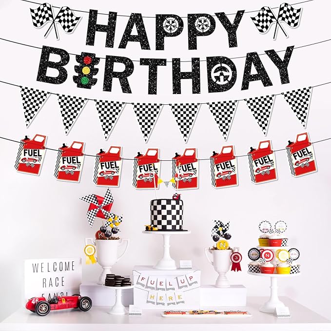 Pre-Strung Race Car Birthday Party Decorations NO DIY Glitter Happy Birthday Banner, Checkered Flag Fuel Can Banners Cars Themed Party Supplies