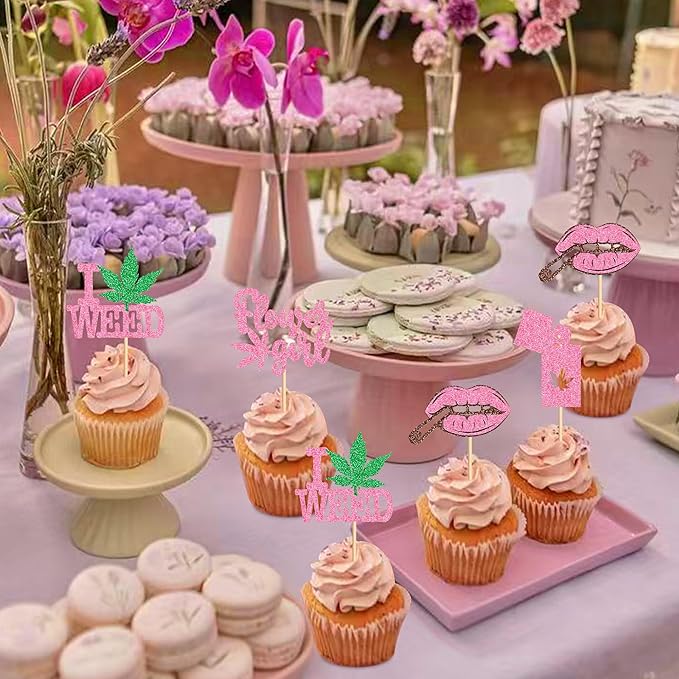 Ercadio 24 PCS Have a Dope Birthday Cupcake Toppers Pink Pot Leaf Weed Leaves Cupcake Picks Marijuana Dope Themed For Smoking Enthusiast Girl Birthday Party Supplies