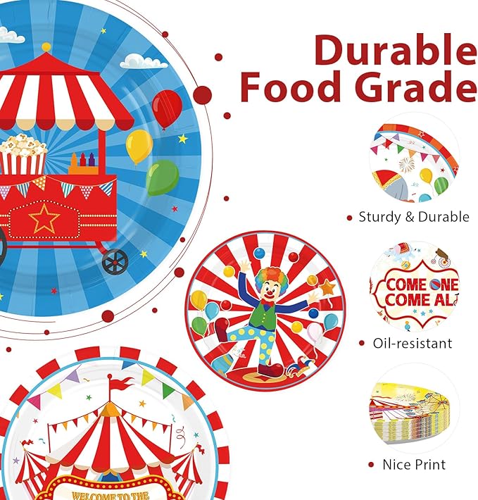 60Pcs Circus Paper Plates 9" Heavy Duty Disposable Carnival Circus Dessert Plates Circus Theme Party Decoration for Kids Boys Girls Birthday Baby Shower Festive Party Supplies