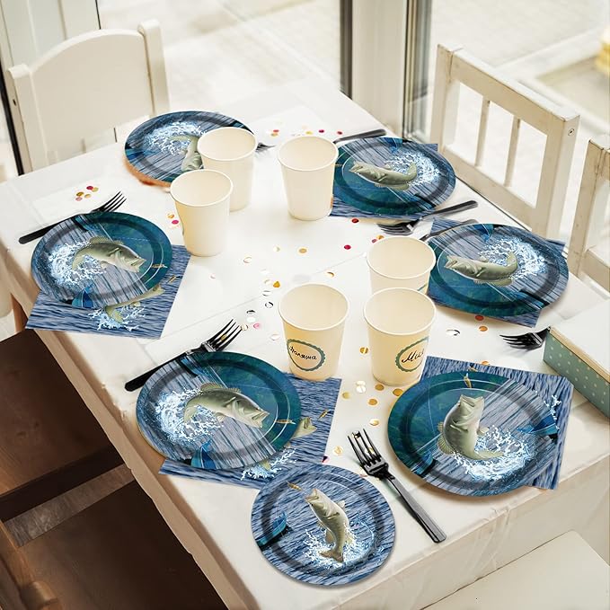 Gone Fishing Party Plates Napkins Gone Fishin' Dinnerware Fishing Themed Tableware for Fishin Tournament Birthday Disposable Paper Plates Napkins Party Decorations Supplies Favors 24 Guests