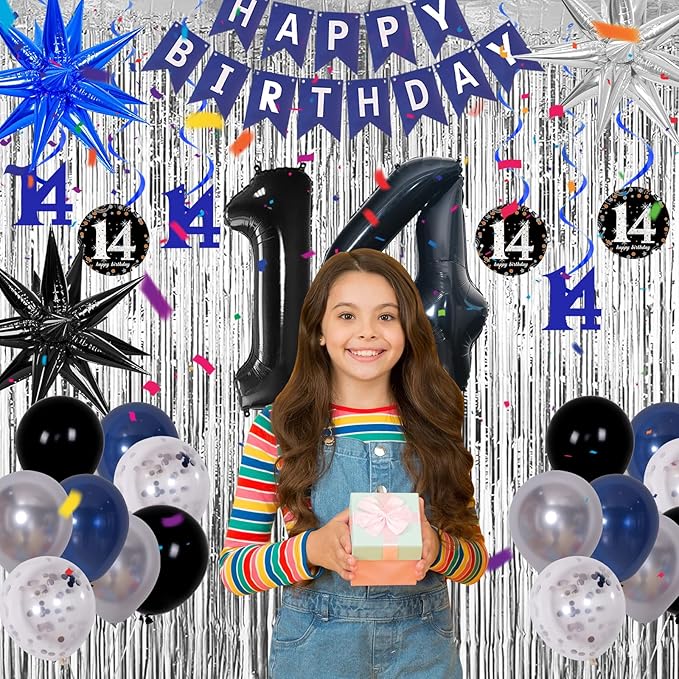 14th Birthday Decorations for Boys and Girls Dark Blue, 14 Party Decorations with HAPPY BIRTHDAY Banner 14 Balloon Number Tablecloth Foil Star Balloons Garland Arch Kit-14 Year Old Party Supplies