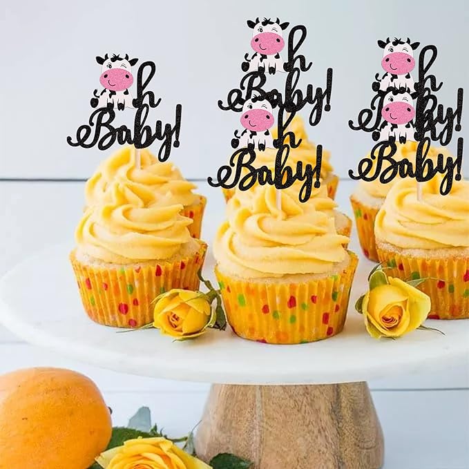 24 PCS Cow Oh Baby Cupcake Toppers Glitter Farm Animals Oh Baby Cow Cupcake Picks Gender Reveal Theme Baby Shower Kids Boys Girls Birthday Party Cake Decorations Supplies