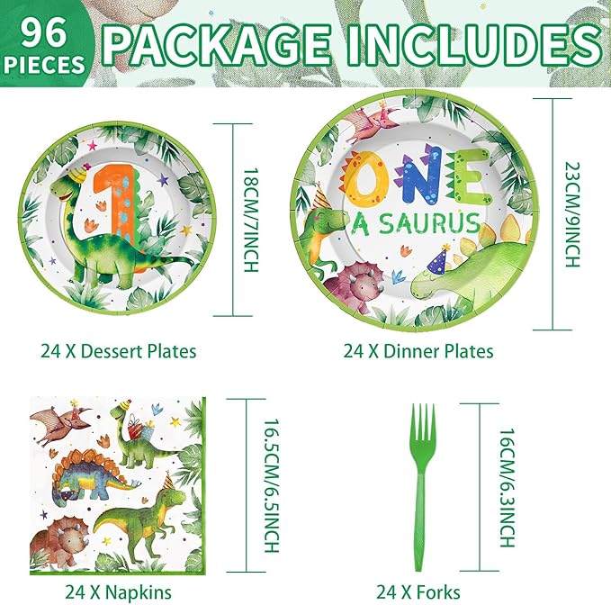 96Pcs Dinosaur 1st Birthday Decorations Cartoon Dinosaurs Plates and Napkins Tableware Sets Watercolor Dinosaur Party Decorations for One Year Old Boys Birthday Baby Shower Supplies Serves 24