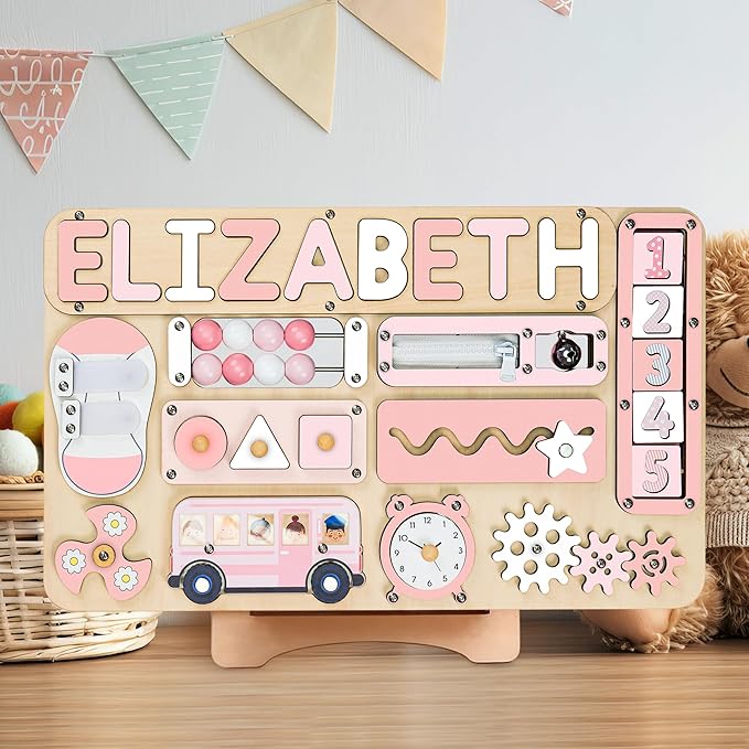 Wooden Busy Board Montessori Toys for 1 2 3 Year Old, Personalized Toy, Sensory Board Educational Activities, Early Learning Fidget Toy Great for Gift (Pastel Girl)
