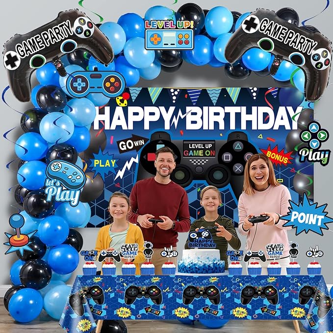 75Piece Video Game Party Decorations Set: Gamer Birthday Supplies with Happy Birthday Backdrop, Table Cover, Hanging Swirls, Cake Toppers, Foil Balloons, Latex Balloons – Perfect Game ON Party!