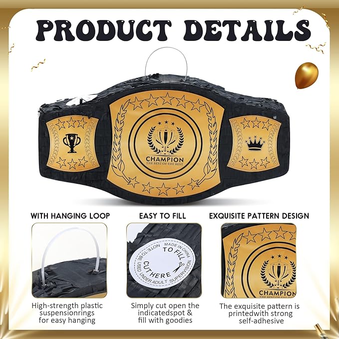 Mepase Wrestling Birthday Party Decorations Wrestling Belt Piñata with Blindfold and Bat World Heavy Weight Boxing Championship Theme Supplies for Sport Fans Themed Party Decorations