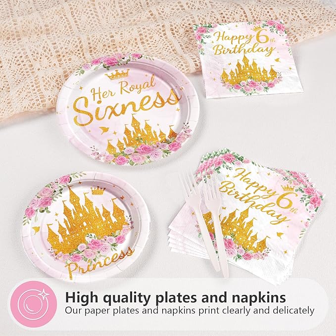 96Pcs Princess Birthday Party Supplies Princess 6th Birthday Party Plates and Napkins Disposable Pink Gold Pastel Castle Tableware Set for Girl Six Years Old Fairytale Decorations Serves 24