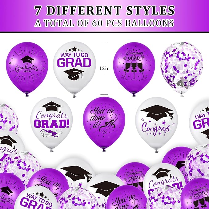 Whaline 60Pcs Graduation Party Balloon Set 7 Designs Confetti Latex Balloon with 2 Rolls Purple Ribbon Grad Cap Congrats Grad Balloon for Graduation Party Decoration Supplies (Purple, White)