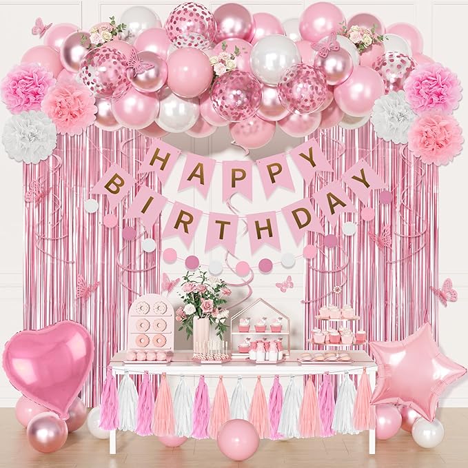 Pink Birthday Party Decorations, Pink and White Pearl Confetti Foil Balloons Happy Birthday Banner Fringe Curtain Butterfly Hanging Swirls Circle Dots Tassels Pompoms for Women Girls Party Supplies