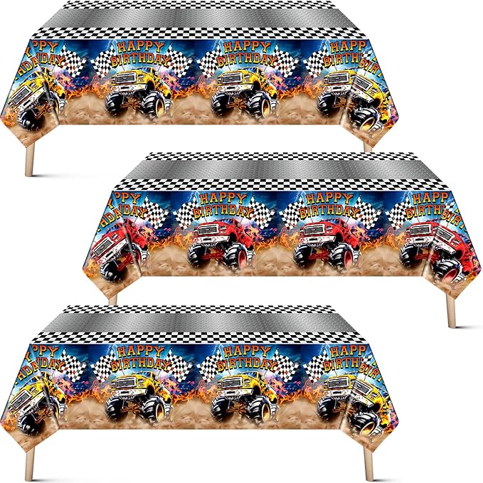 Mifoci 3 Pcs Monster Truck Birthday Party Tablecloths Monster Machine Table Covers Large Plastic Disposable 108 x 54 Inches for Truck Theme Kid's Boys Birthday Shower Party Supplies (Classic)
