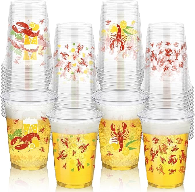 Kochorie 16 Oz Plastic Crawfish Boil Cups 60 Pcs Crawfish Party Supplies Clear Cups Plastic Drinking Cup Lobster Cups Crawfish Boil Party Cups for Lobster Seafood Party Birthday Decoration