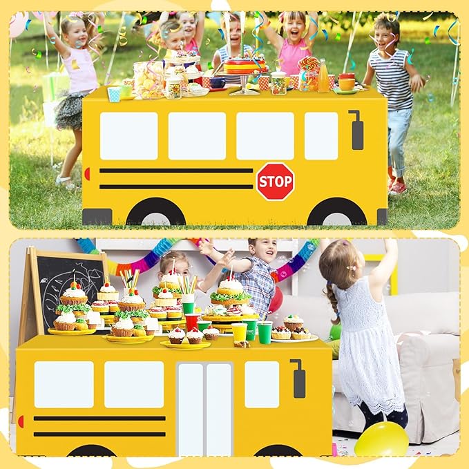Cumule School Bus Tablecloth First Day of School Party Table Cloth Cover School Bus Theme Party Birthday Decoration Washable Polyester Rectangle Table Cover Decor for Nursery Party Back to School Day